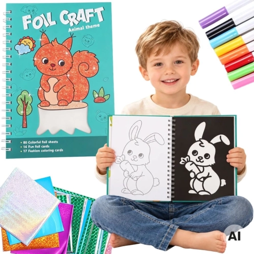 Set creativo Woopie con collage di fogli metallizzati e disegni da colorare Mondo degli animali, 121 pezzi