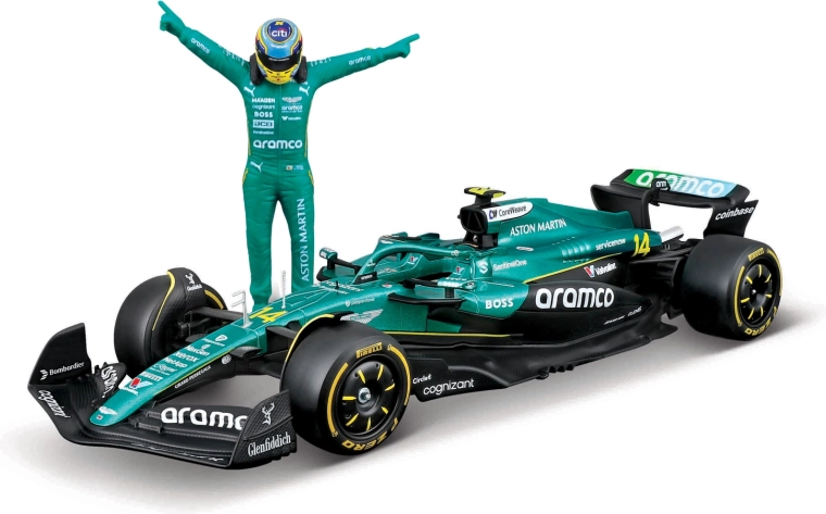 Modello di Formula 1 Bburago Aston Martin AMR25 2025 con statuina del pilota Fernando Alonso (n. 14) 1:24