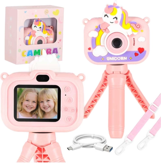 Fotocamera digitale per bambini a forma di unicorno con mini treppiede e scheda da 8 GB