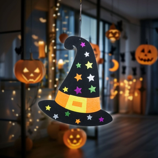 Decorazione di Halloween da appendere a forma di cappello da strega in feltro