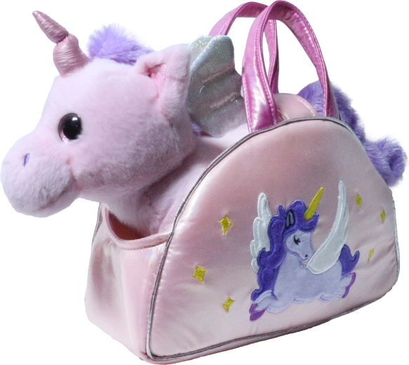 Unicorno rosa in peluche in una borsa glitterata