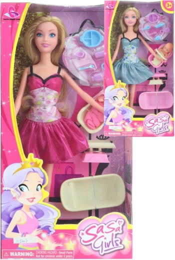 Bambola mamma alla moda con bebè e accessori 30 cm - 1 set