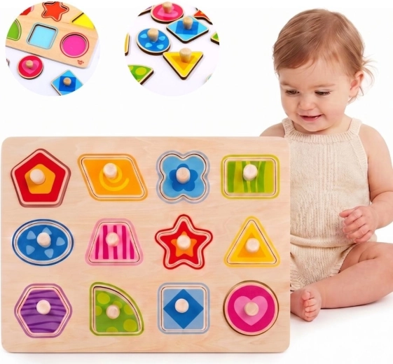 Tooky Toy Montessori puzzle a incastro in legno con forme e maniglie - 1 pezzo
