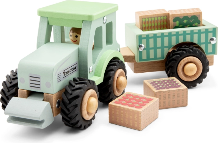 Trattore di legno con rimorchio e carico