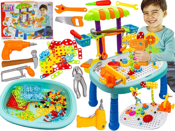 Banco da lavoro multifunzionale per bambini con attrezzi, avvitatore a batteria e mosaico creativo da 355 pezzi