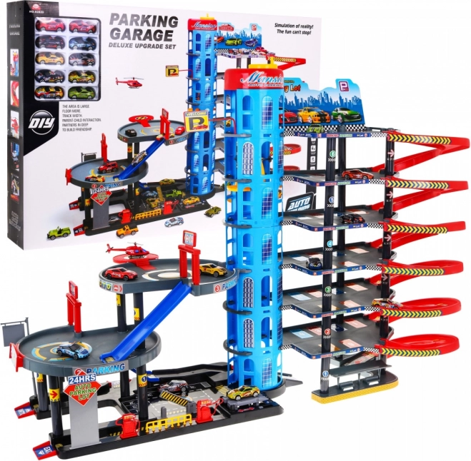 Parcheggio per bambini a 7 livelli con elicottero e 10 macchinine