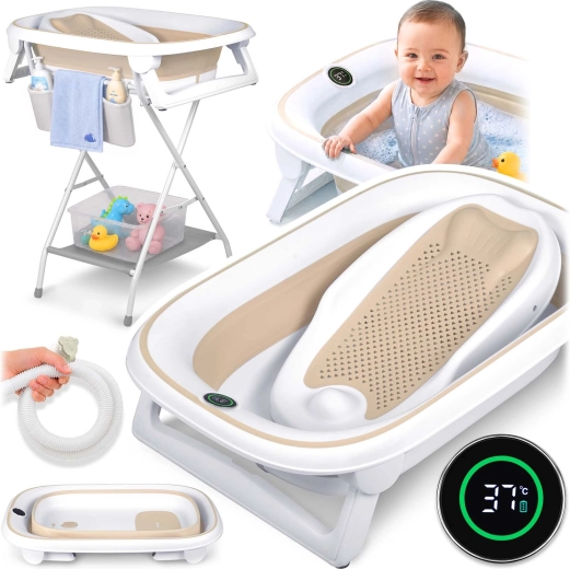 Nukido vaschetta pieghevole per bambini con supporto, termometro e riduttore per neonato – Bianco-beige