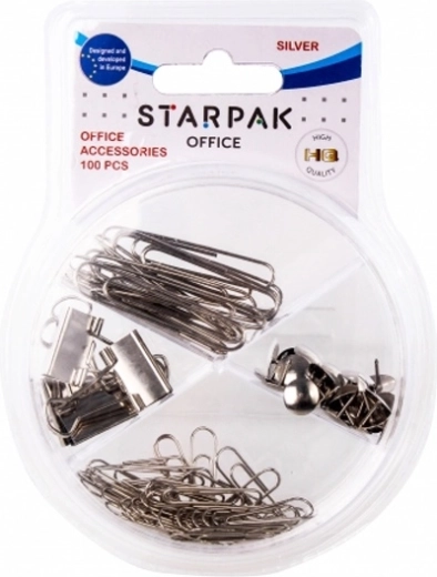 Accessori da ufficio argentati in scatola trasparente