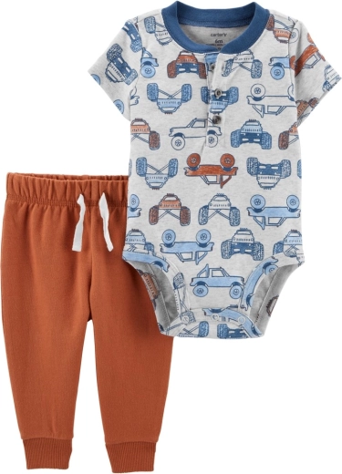 Set 2 pezzi Carter's per maschietti – body a maniche corte e pantaloni della tuta Brown Cars Henley – NB