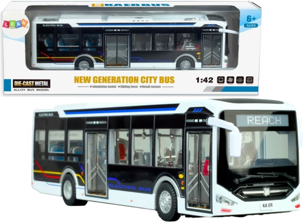 Autobus urbano elettrico in scala 1:42 in metallo bianco con luci