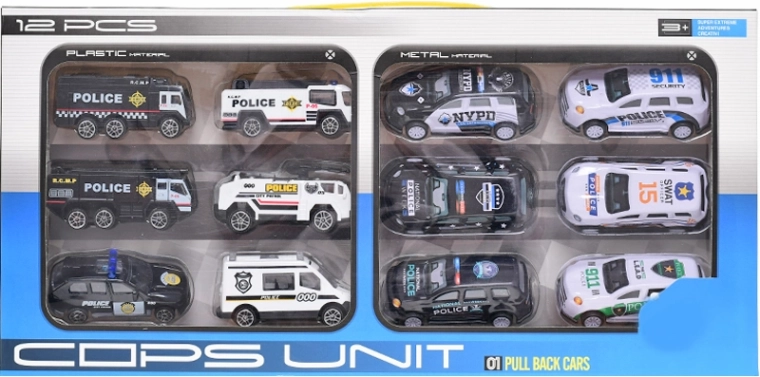 Set di automobiline della polizia 12 pz con movimento libero e a retrocarica