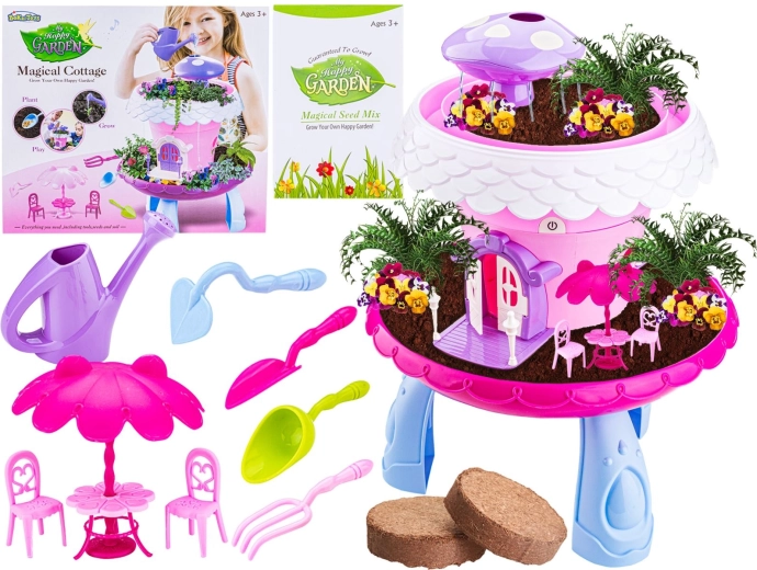 Set rosa per piccoli giardinieri con vaso, fontana e casetta per bambole