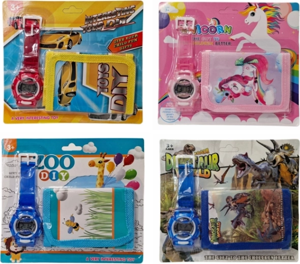 set per bambini portafoglio e orologio con motivi di animali, auto e unicorni