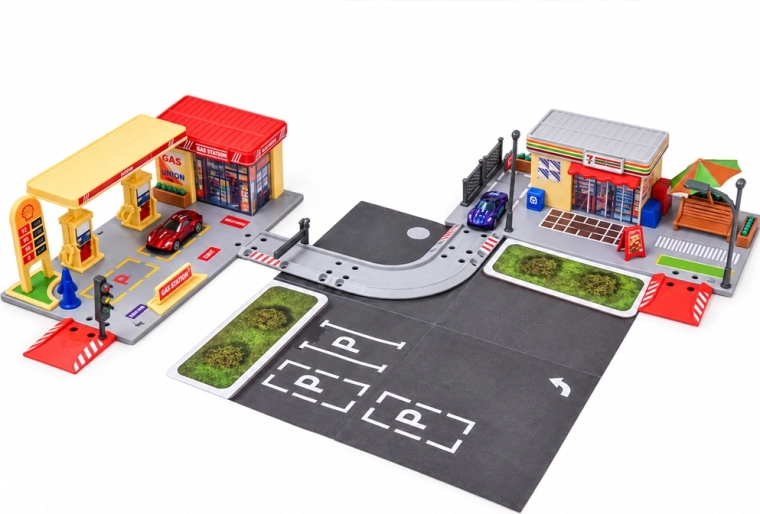 Strada, parcheggio e due automobiline
