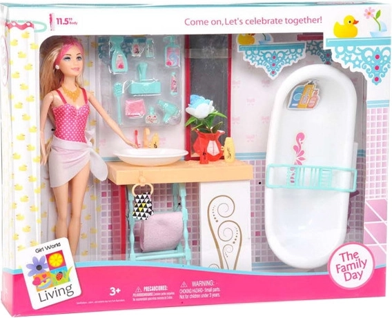 Bambola con mobili da bagno e accessori