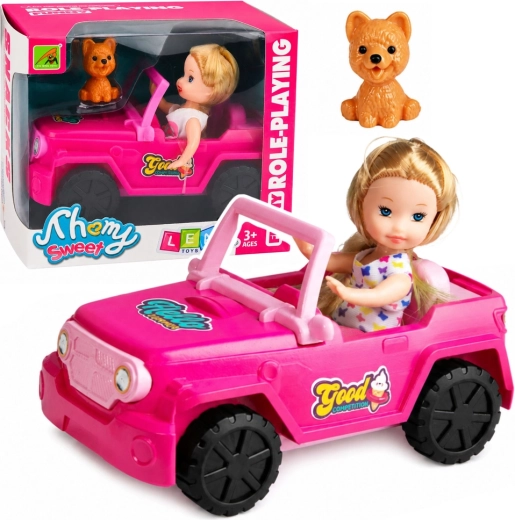 Mini bambola in cabrio fuoristrada rosa con cane