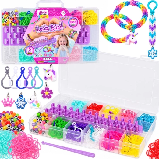 Set per realizzare braccialetti con elastici (1800+ pz) con telaio, perline e lettere