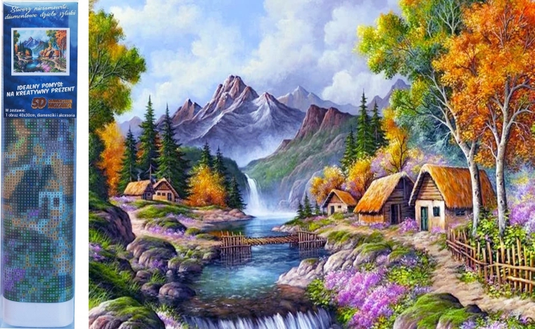 Pittura diamante Chalet sul fiume di montagna 30 × 40 cm