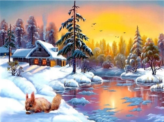 Norimpex pittura con diamanti casa invernale sul lago con scoiattoli 30 × 40 cm