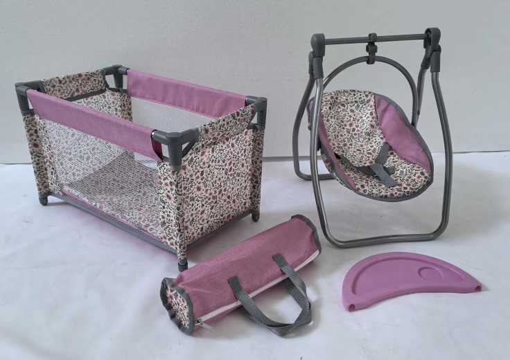 Set per bambole Pink Flowers – lettino da viaggio e seggiolina 2 in 1 (dondolo)