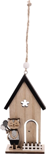 Casetta in legno da appendere con gatto beige