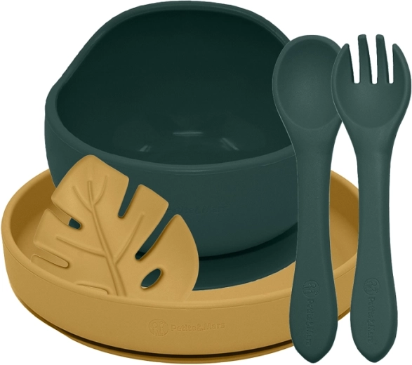 Set pappa in silicone Petite&Mars Take&Match 4 pz misty green e intense ochre