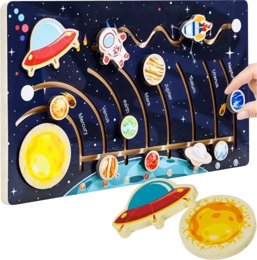 Kruzzel puzzle Montessori in legno Sistema Solare – labirinto di pianeti e razzo