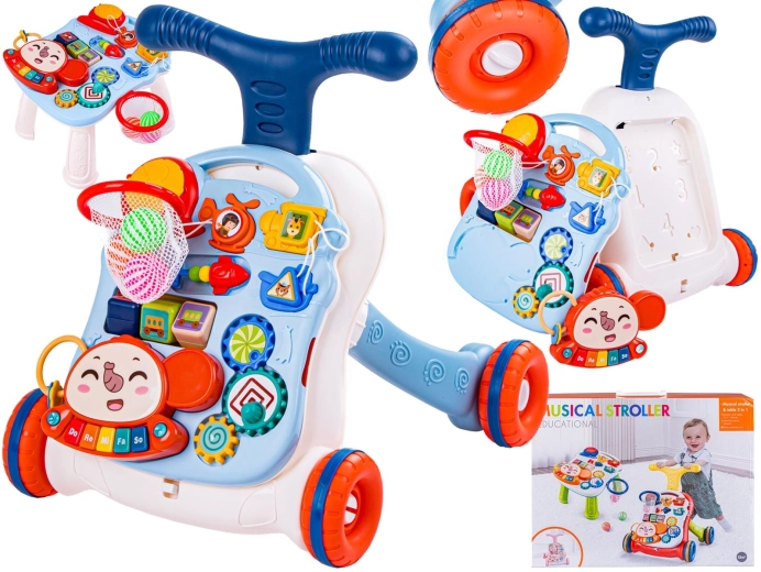 Girello educativo interattivo e spingi-gioco musicale 2 in 1 con tavolino bianco-blu