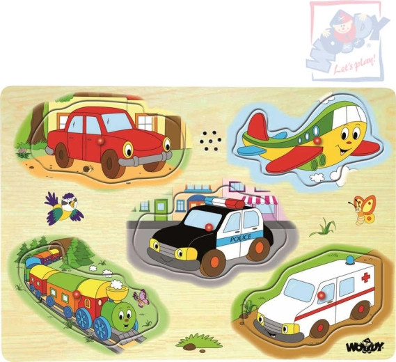 Woody puzzle sonoro in legno mezzi di trasporto 5 pezzi