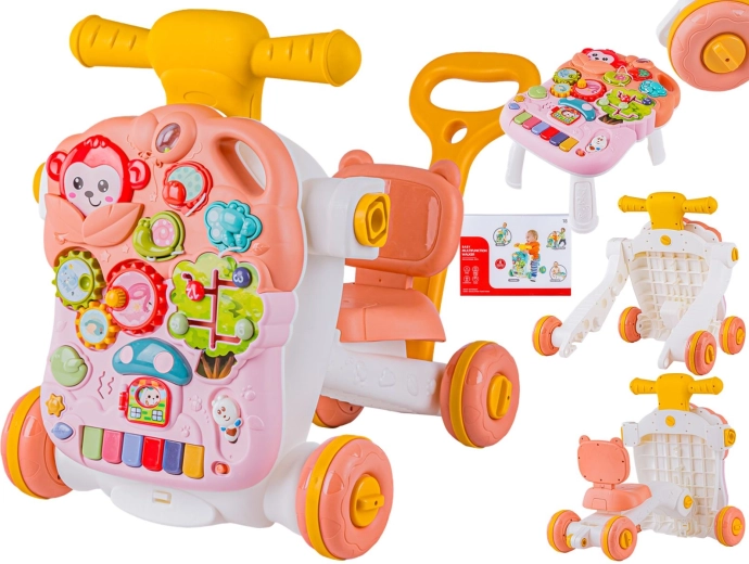 Girello interattivo multifunzione 4 in 1 con cavalcabile e tavolino educativo da gioco – rosa
