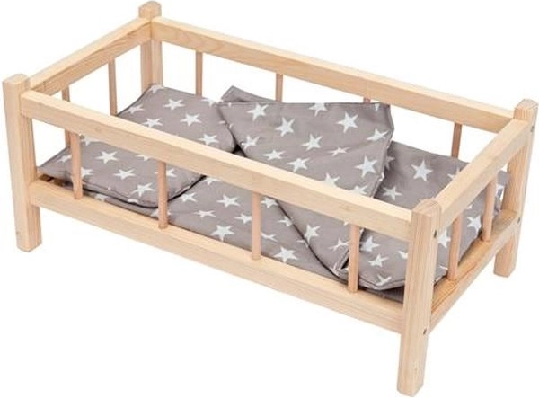 Lettino in legno per bambole con set di biancheria da letto