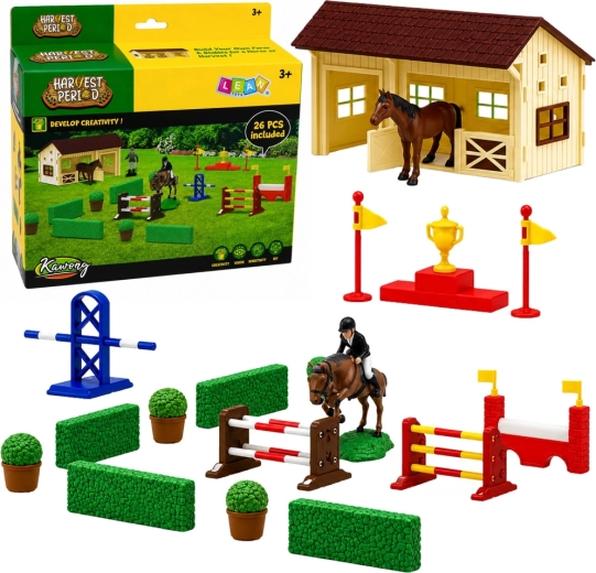 Set scuderia equestre con cavalli e percorso a ostacoli (26 pezzi)