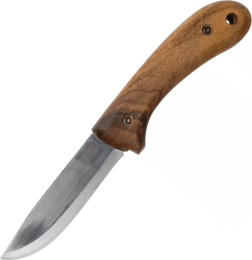 Coltello bushcraft in acciaio al carbonio con manico in noce e fodero in cuoio