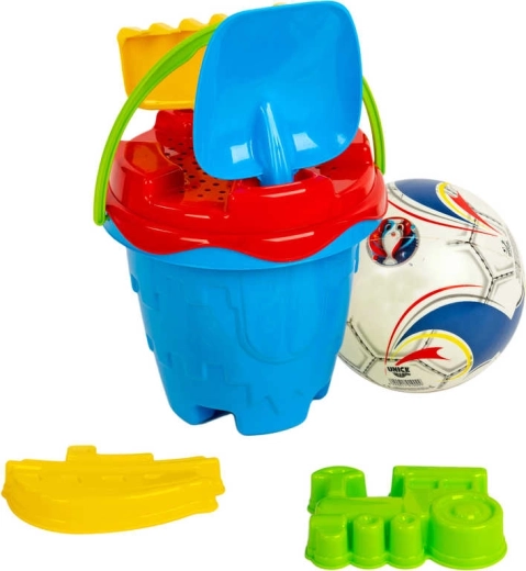 Set da sabbia con secchiello a forma di castello, palla e attrezzi