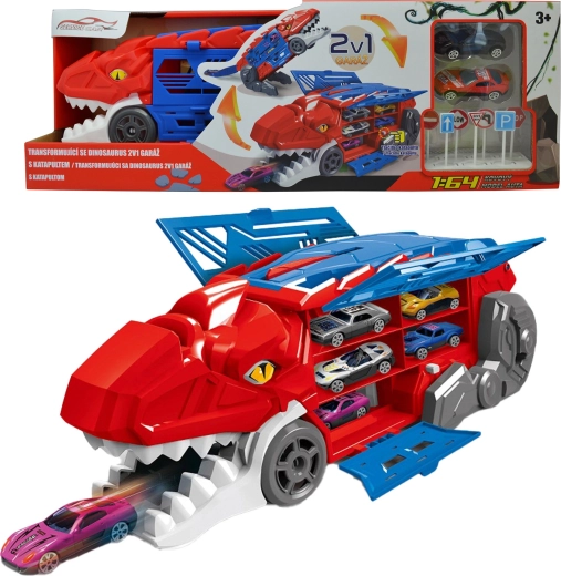 Dinosauro trasformabile 2 in 1 con garage e catapulta