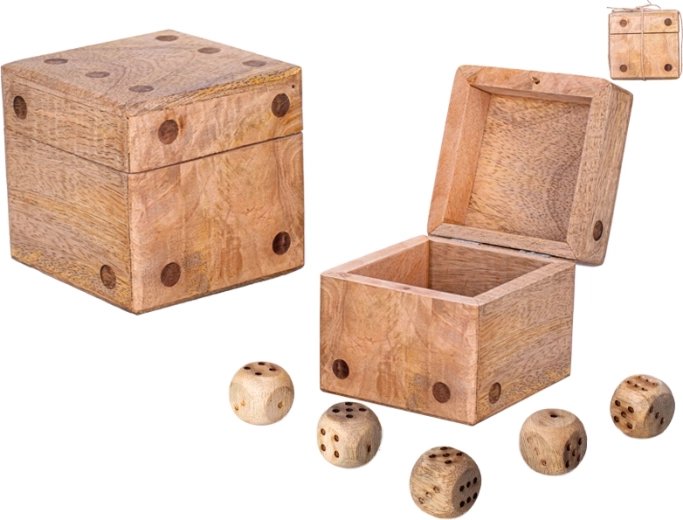 Cubo in legno di mango con box portaoggetti e set di 5 dadi