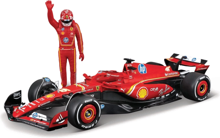 Modello F1 Bburago Ferrari SF-24 (2024) con figurina del pilota Charles Leclerc 1:24