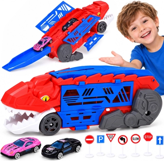 Auto dinosauro trasformabile 2 in 1 con garage e lanciatore