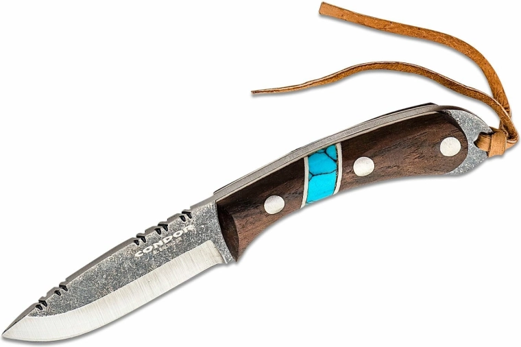 Coltello da collo CONDOR Blue River 5,9 cm, legno di noce, turchese, fodero in pelle