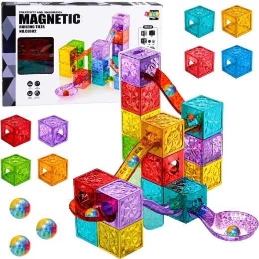 Mattoncini da costruzione magnetici – pista per biglie, blocchi trasparenti colorati (28 pezzi)