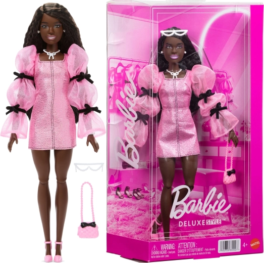 Mattel Barbie Deluxe Style bambola alla moda in outfit rosa-nero con accessori