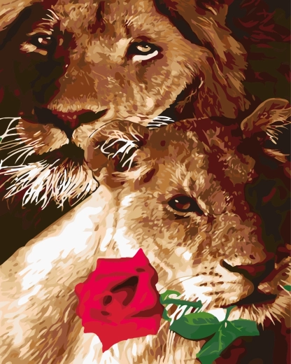 Pittura con i numeri Leone e leonessa con rosa 40 × 50 cm