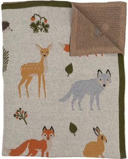 Coperta per bambini lavorata a maglia in cotone biologico animali del bosco 82 × 104 cm