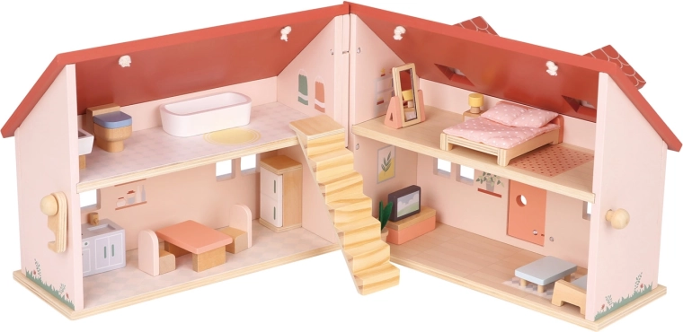 Casa delle bambole in legno pieghevole con mobili