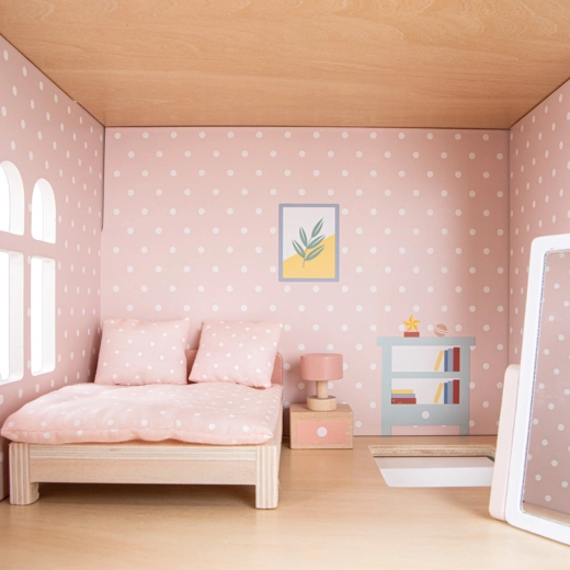 Casa delle bambole in legno con mobili