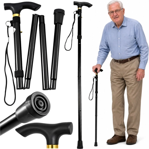 Bastone da passeggio pieghevole telescopico per anziani, nero 85–95 cm