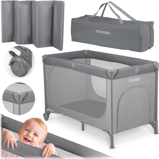 Lettino da viaggio grigio con materasso e borsa per il trasporto 125 × 65 × 78 cm