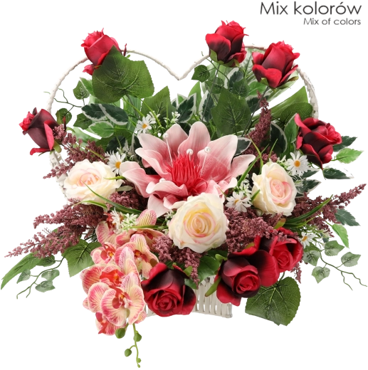 Ricca combinazione di rose, fiori complementari e verde