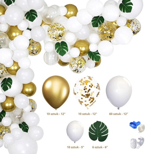 Ghirlanda di palloncini da 90 pezzi in colore oro e bianco con foglie