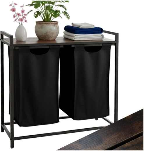 Cesto portabiancheria a due scomparti con ripiano e piano superiore, design loft 76 l